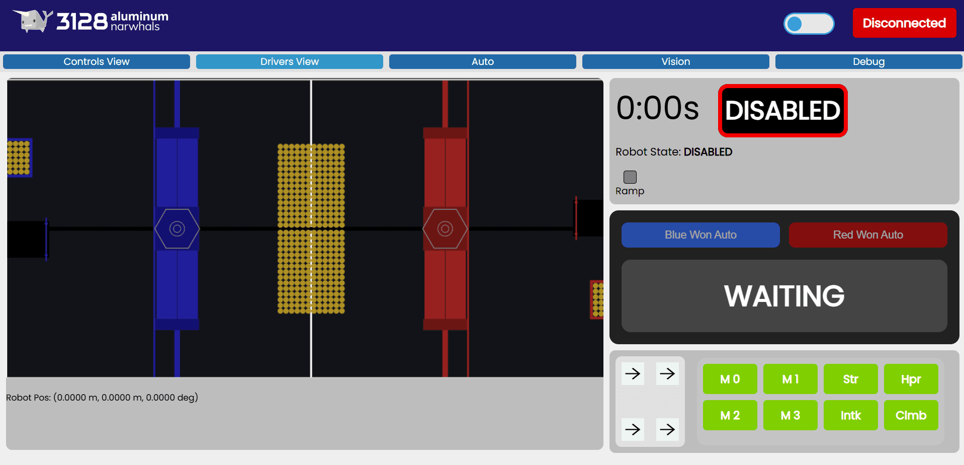 Narwhal Dashboard — full match-day layout with swerve telemetry, subsystem states, auto selector, and vision overlay
